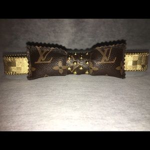 Handmade Bowtie made from a Louis Vuitton purse and a leather belt neck strap.